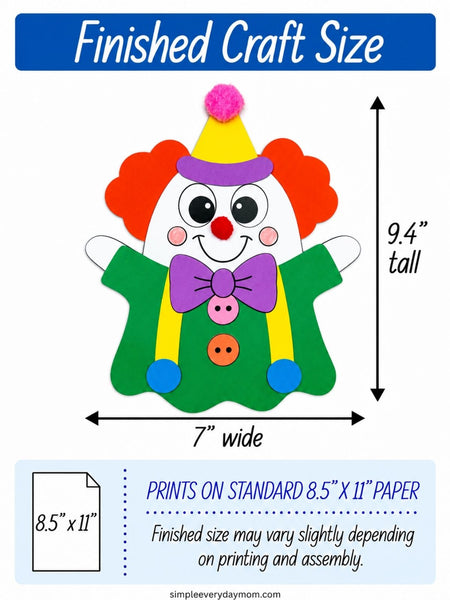 A size diagram for a craft paper cutout of a clown, showing the finished piece is 7 inches wide and 9.4 inches tall.