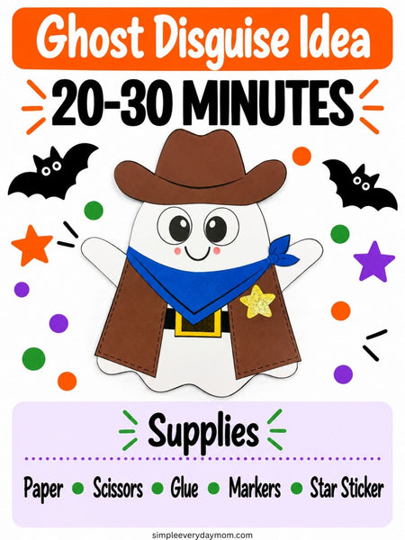 A Halloween craft activity graphic titled 'Ghost Disguise Idea 20-30 MINUTES' showing a cartoon ghost dressed as a cowboy with a brown hat, blue bandana, and sheriff star, surrounded by bats, stars, and confetti. The bottom section lists supplies: paper, scissors, glue, markers, and star sticker.