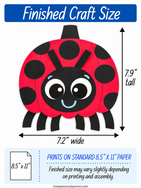 A size chart graphic for a ladybug craft, showing the finished product dimensions as 7.2 inches wide and 7.9 inches tall