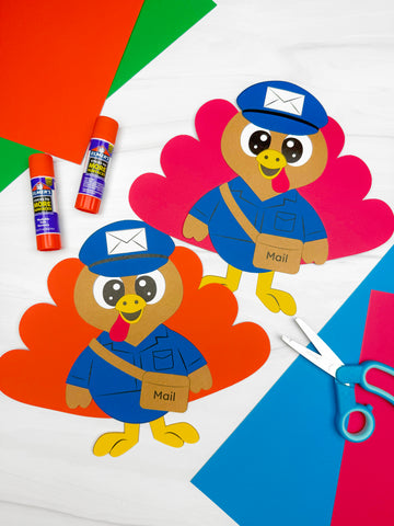 Two paper turkeys in mail carrier outfits with glue sticks and scissors on a colorful background