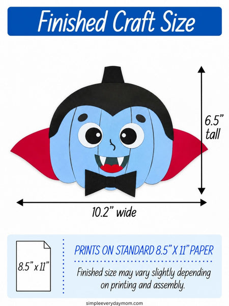 Blue vampire pumpkin craft with black hair and bow tie and a red cape, shown as approximately 10.2 inches wide by 6.5 inches tall. The template prints on standard 8.5-by-11-inch paper, and finished size may vary slightly with printing and assembly.