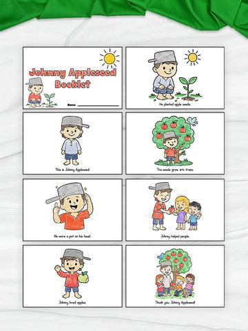 Johnny Appleseed booklet on a white background with green fabric.