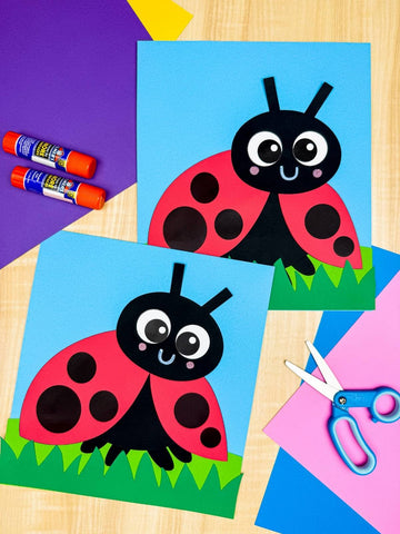 Children's craft project with paper ladybugs, glue sticks, and scissors on a colorful background.