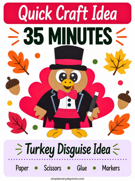 Magician turkey disguise craft featuring a black top hat, pink bow tie, tuxedo, and magic wand, surrounded by fall leaves and acorns. Graphic lists a 35-minute craft time and supplies: paper, scissors, glue, and markers.