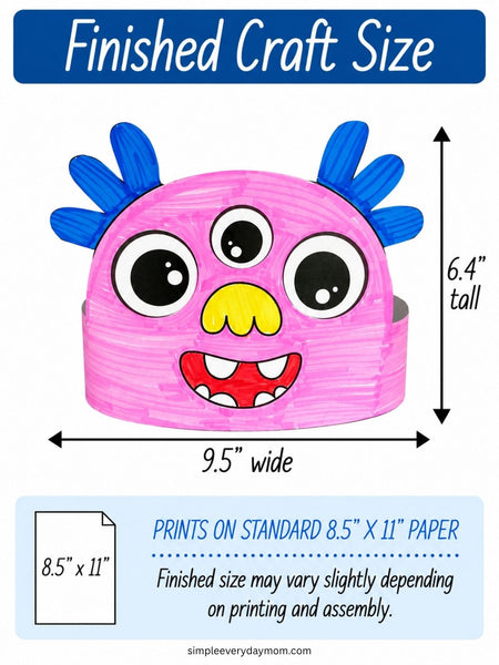 A size diagram for a monster craft print, showing a finished pink monster face with blue hair, yellow nose, and red smiley, labeled 9.5 inches wide and 6.