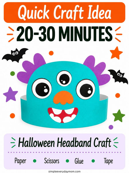 A Halloween craft activity graphic showing a turquoise monster headband with purple ears, black bat silhouettes, stars, and text reading 'Quick Craft Idea 20-30 MINUTES' and 'Halloween Headband Craft.' Small material words 'Paper Scissors Glue Tape' appear at the bottom.