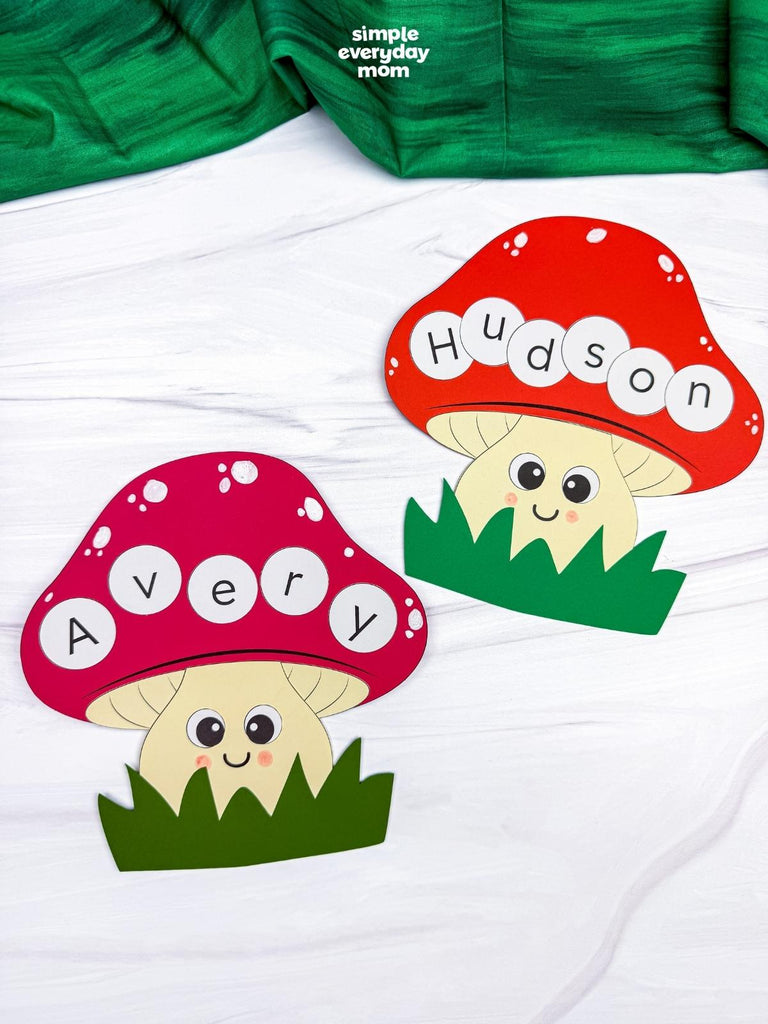 Two mushroom name crafts on marble background with green fabric on top