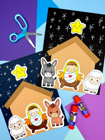 Children's craft activity with a nativity scene, glue, and scissors on a colorful background.