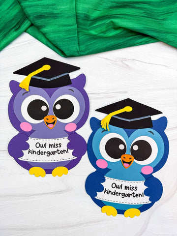 Two cartoon owls crafts wearing graduation caps on a white background with green fabric.