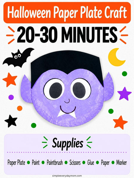 A Halloween paper plate craft guide showing a purple vampire face made from a paper plate, with a black hat, large eyes, and fangs. The design includes text reading 'Halloween Paper Plate Craft,' '20-30 MINUTES,' 'Supplies,' and a list of materials.