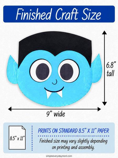 Illustration of a blue paper plate vampire with black hair, pointed ears, large eyes, and two white fangs. The finished craft measures approximately 6.8 inches tall by 9 inches wide, prints on standard 8.5-by-11-inch paper, and may vary slightly in size.