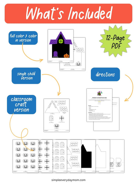 Graphic showing what is included in a 12-page Peekaboo Haunted House Craft PDF, with full-color and coloring pages, single-child and classroom versions, printable craft pieces, and directions.