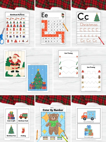 Collection of Christmas-themed educational worksheets on a white background with plaid border.