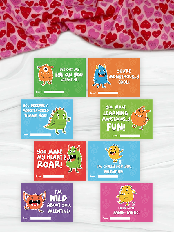 Set of colorful Valentine's Day cards with cartoon monsters on a white background.