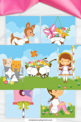 A collage of six pattern block mats with spring-themed scenes, each featuring blank geometric spaces for kids to complete using pattern blocks, including a girl on a swing, a fawn, a flower cart, a cat and dog in a bucket, a birdhouse, and a girl sitting on the grass.