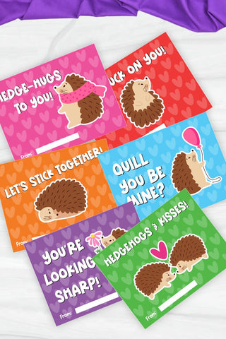 six hedgehog Valentine's day printable cards