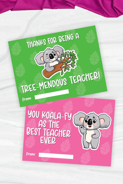 two colorful koala Valentine cards for teachers