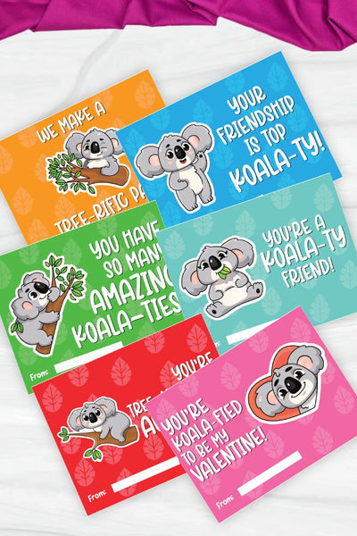 six colorful koala Valentine cards for kids