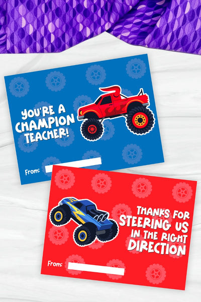 two monster truck Valentine's cards for teachers