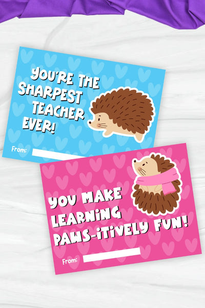 two hedgehog Valentine's day printable cards for teachers