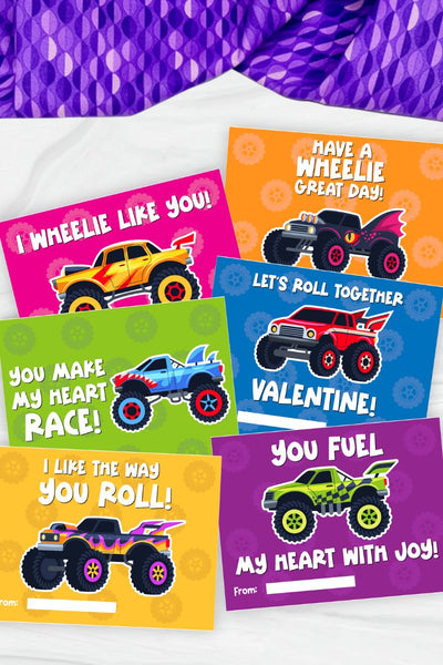 six monster truck Valentine's cards for kids