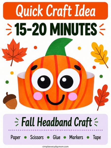 A digital graphic promoting a 'Quick Craft Idea' for making a 'Fall Headband Craft' in 15-20 minutes. The design features a cute orange paper pumpkin headband with a smiling face, surrounded by autumn-themed illustrations like leaves, an acorn, and confetti.