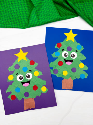 Two Christmas tree torn paper crafts with colorful decorations on a white background