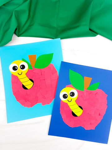 Two torn paper children's crafts of apples with worms on blue and green backgrounds