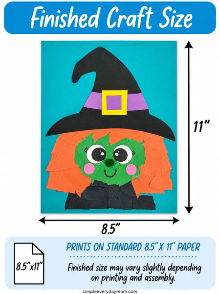 Finished torn paper witch craft featuring a green face, orange torn paper hair, pink cheeks, and a black witch hat with a purple band and yellow buckle. The Halloween craft measures 8.5 inches wide by 11 inches tall.