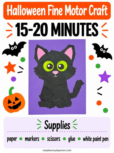 Halloween fine motor craft activity sheet featuring a black paper-cut cat on a purple background, with text reading 'Halloween Fine Motor Craft', '15-20 MINUTES', and a supplies list including paper, markers, scissors, glue, and white paint pen.