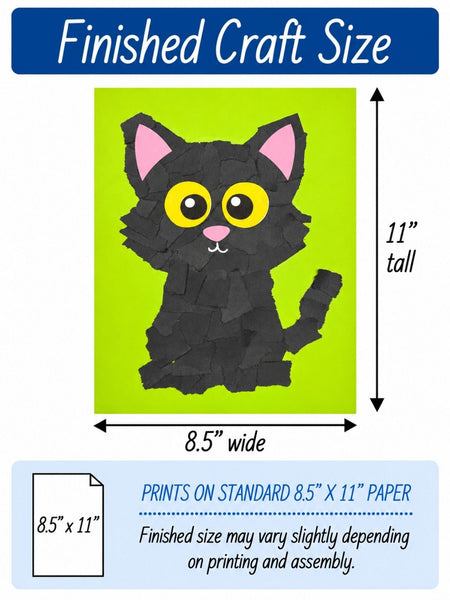 A size guide graphic for a finished craft print showing a black cat with pink ears and yellow eyes on a bright green square. The graphic includes text reading 'Finished Craft Size' with dimensions marked as 11" tall and 8.