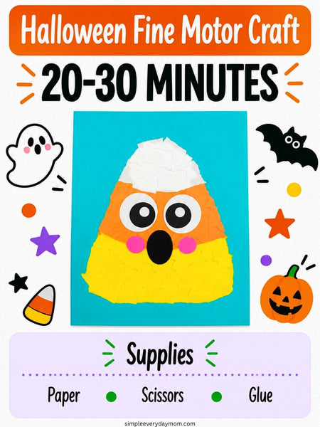 Halloween fine motor craft infographic featuring a torn-paper candy corn character with large eyes, pink cheeks, and a surprised expression on a turquoise background, surrounded by Halloween decorations. The craft takes 20–30 minutes and requires paper, scissors, and glue.