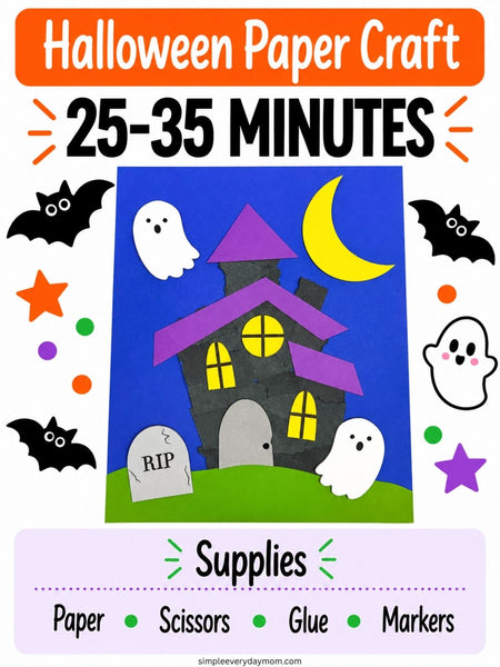 Halloween paper craft activity sheet with a sample finished craft of a haunted house, surrounded by Halloween graphics like bats, ghosts, stars, and a crescent moon. The sheet includes text reading 'Halloween Paper Craft', '25-35 MINUTES', and a 'Supplies' section listing paper, scissors, glue, and markers.