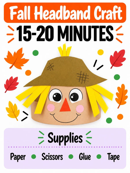 Fall scarecrow headband craft infographic featuring a smiling paper scarecrow with a brown hat, yellow straw hair, orange triangle nose, and pink cheeks. Shows a 15–20 minute completion time and supplies including paper, scissors, glue, and tape.