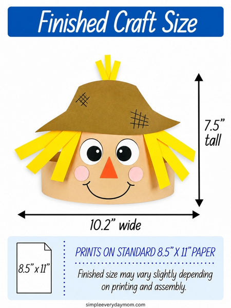 Finished scarecrow headband craft featuring a brown patched hat, yellow paper straw hair, large eyes, pink cheeks, and a smiling face. The fall paper headband measures approximately 10.2 inches wide by 7.5 inches tall.