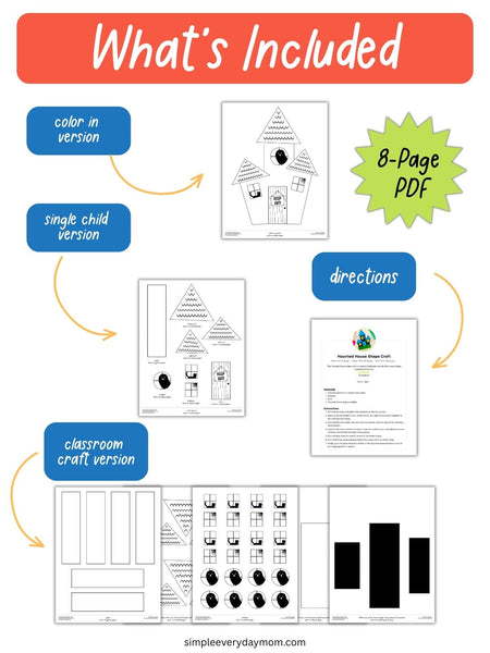 Graphic showing the contents of an 8-page haunted house shape craft PDF, including a color-in version, single-child and classroom templates, and directions