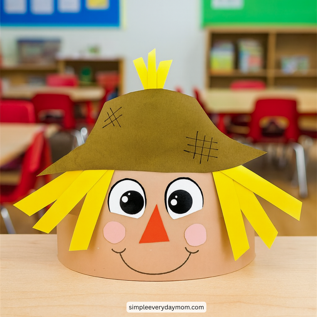 Finished fall scarecrow headband craft displayed on a light wooden classroom table with blurred desks and red chairs in the background. The paper headband features a brown hat, yellow straw hair, orange triangle nose, pink cheeks, and a smiling face.