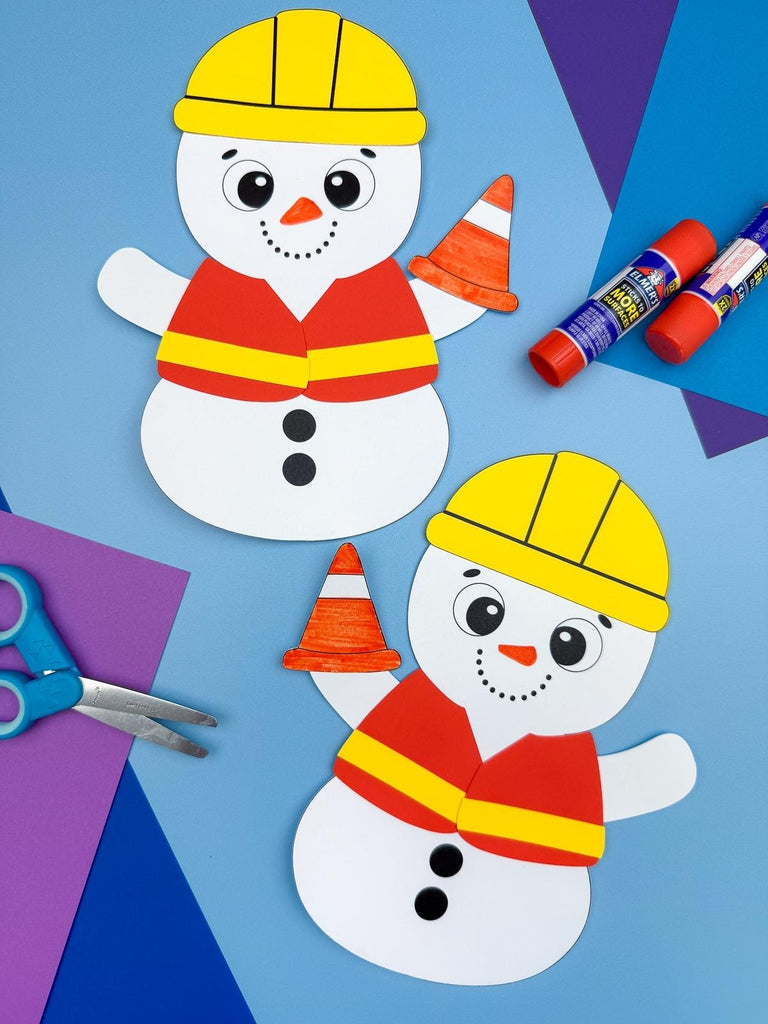 Two snowmen disguised as construction worker crafts on a blue background with paper, scissors, and glue sticks. 