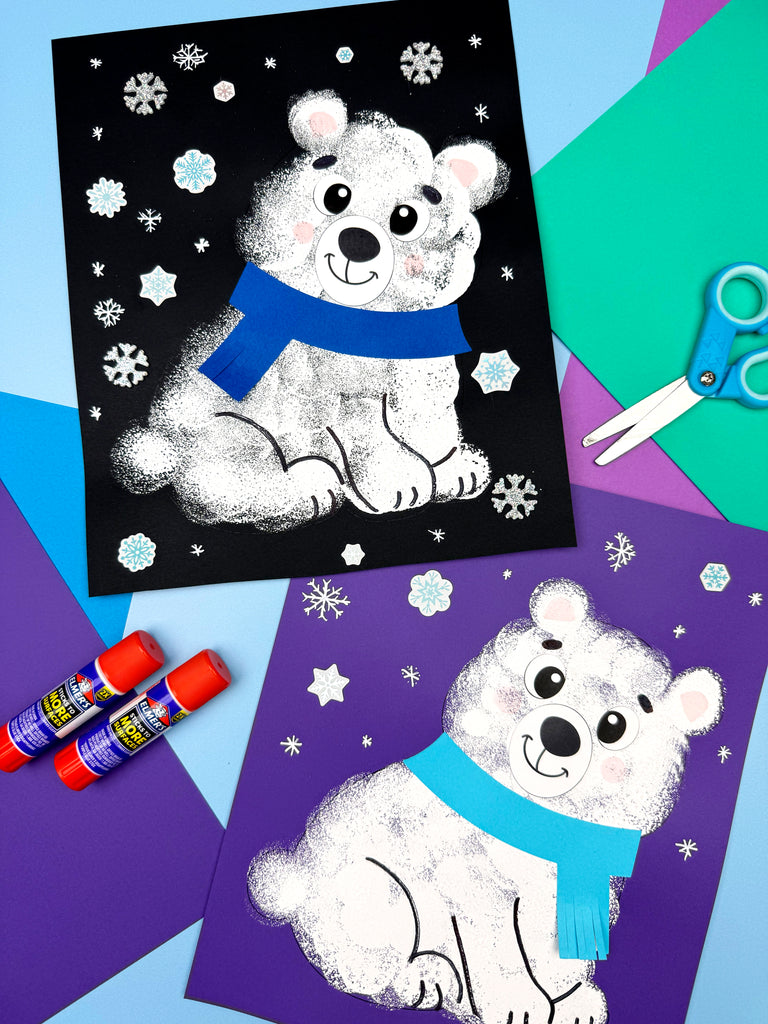 Polar bear craft project with blue background, glue sticks, and scissors. 