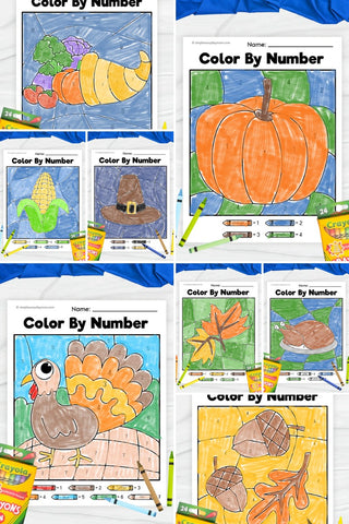 collage image of Thanksgiving color by number printables for kids with crayons 