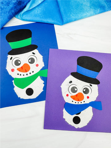 Two snowman crafts on a white background with blue fabric in the background.