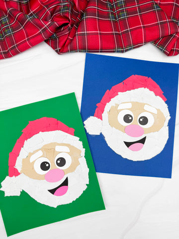 Two Santa Claus face crafts on green and blue paper with a red plaid fabric background.