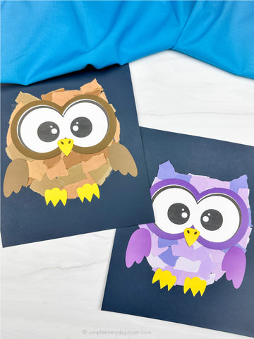 Two torn paper owl craft on white backgrounds with blue fabric