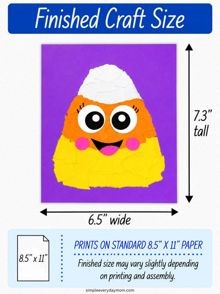 Illustration of a smiling candy corn character made from torn white, orange, and yellow paper on a purple background, with large eyes, eyelashes, and pink cheeks. The finished craft measures approximately 7.3 inches tall by 6.5 inches wide, prints on standard 8.5-by-11-inch paper, and may vary slightly in size.