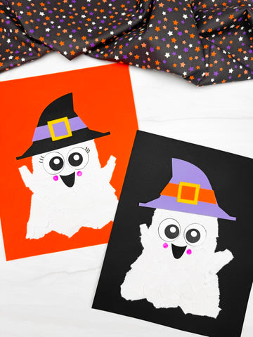 Two torn paper ghost crafts on orange and black backgrounds with decorative fabric in the background.