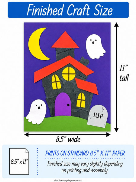 A size guide graphic for a Halloween craft poster showing a finished 8.5 x 11 inch craft print.