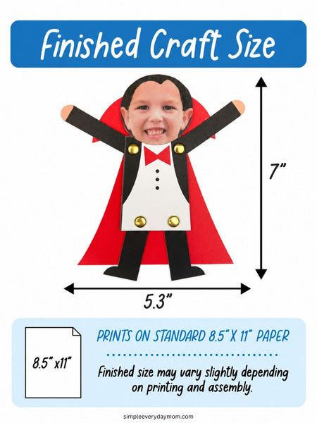 A size chart graphic for a vampire craft cutout, showing a child's face assembled into the costume shape with arms outstretched. The graphic includes dimension arrows labeled 7 inches tall and 5.