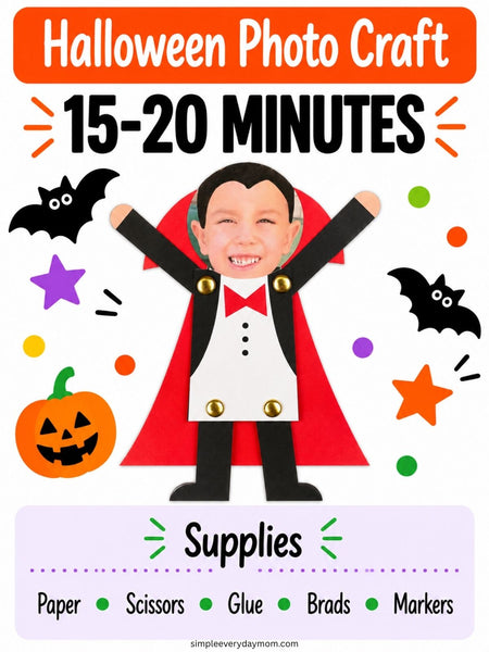 A Halloween photo craft activity sheet showing a vampire costume craft with a child's face in the center, black bat silhouettes, a pumpkin, stars, and text reading 'Halloween Photo Craft', '15-20 MINUTES', and 'Supplies' listing paper, scissors, glue, brads, and markers.