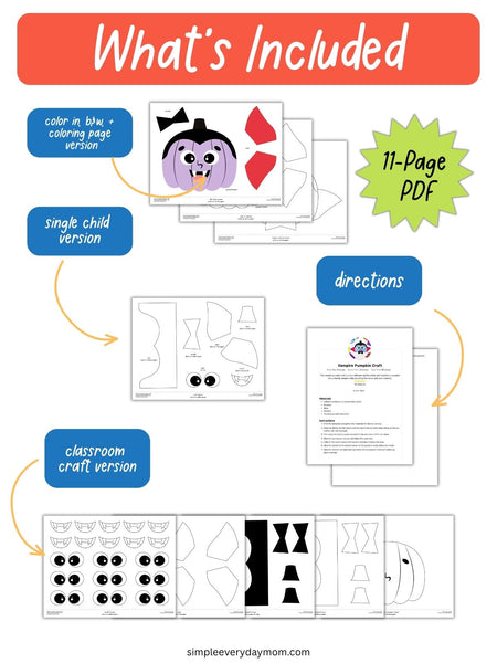 Graphic titled “What’s Included” showing an 11-page vampire pumpkin craft PDF with color, black-and-white, and coloring-page templates, plus single-child, classroom, and instruction versions.