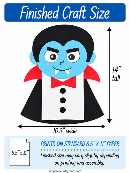 A size diagram for a vampire craft, showing a paper cutout of a vampire head and shoulders with black hair, blue skin, a red bow tie, and a black cape on a white background. The image includes dimension labels indicating the craft is 14 inches tall and 10.